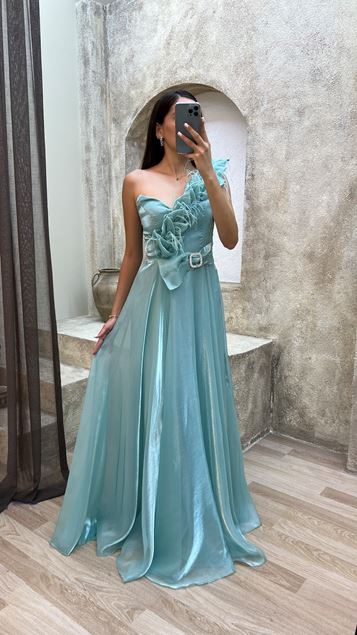 Menthe Vert Une Épaule Tulle Détail Robe de soirée ceinturée