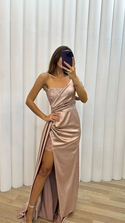 Beige One Sleeve Evening Dress with Embroidered Bust