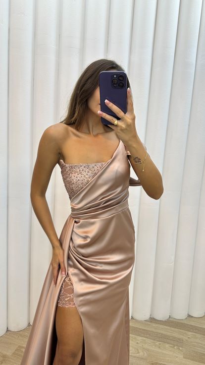 Beige One Sleeve Evening Dress with Embroidered Bust