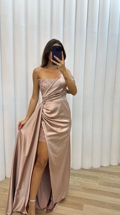 Beige One Sleeve Evening Dress with Embroidered Bust