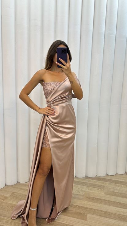 Beige One Sleeve Evening Dress with Embroidered Bust