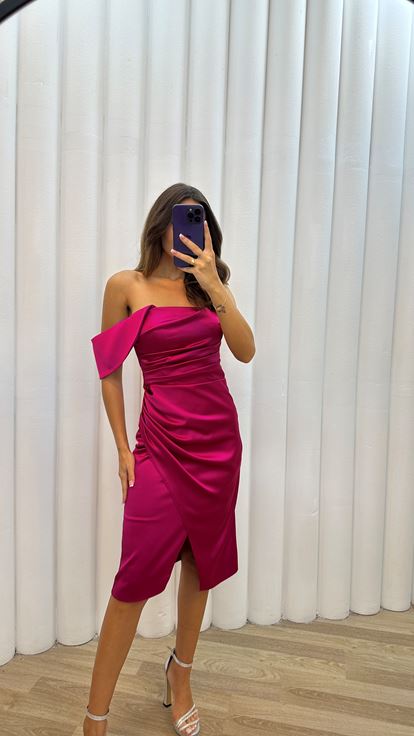 Fuşya Tek Omuz Drapeli Elbise