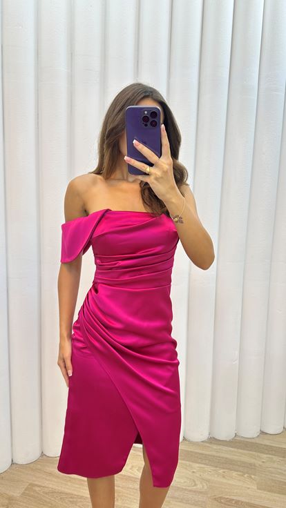 Fuşya Tek Omuz Drapeli Elbise
