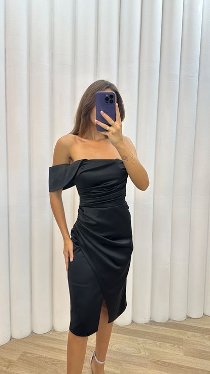 Grass Black One Shoulder Drapeli Dress