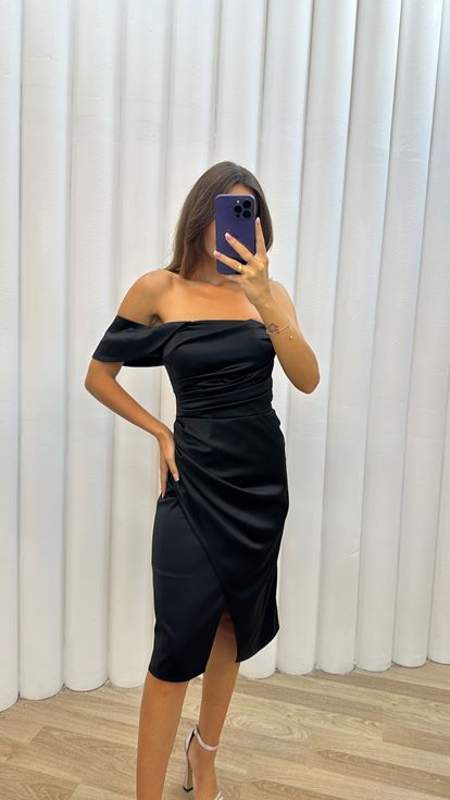 Grass Black One Shoulder Drapeli Dress