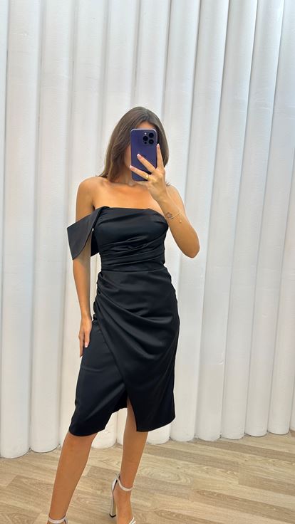 Grass Black One Shoulder Drapeli Dress