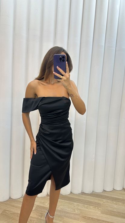 Grass Black One Shoulder Drapeli Dress