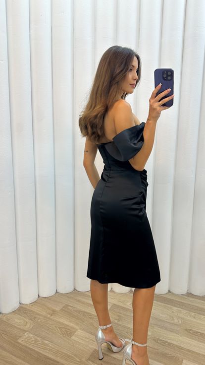 Grass Black One Shoulder Drapeli Dress