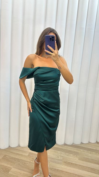Zümrüt Tek Omuz Drapeli Elbise