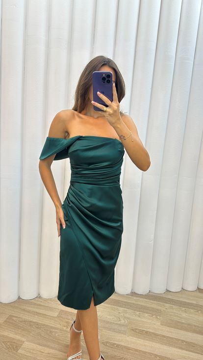 Zümrüt Tek Omuz Drapeli Elbise
