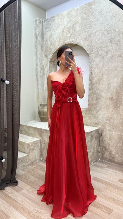 Kırmızı Tek Omuz Tül Detay Kemerli  Abiye Elbise