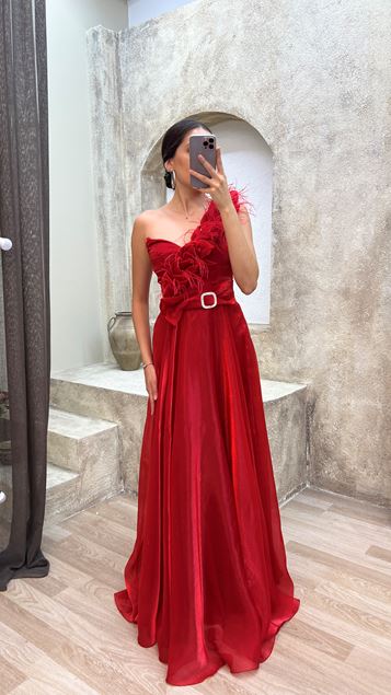 Rouge Une épaule Tulle Détail Robe de soirée ceinturée