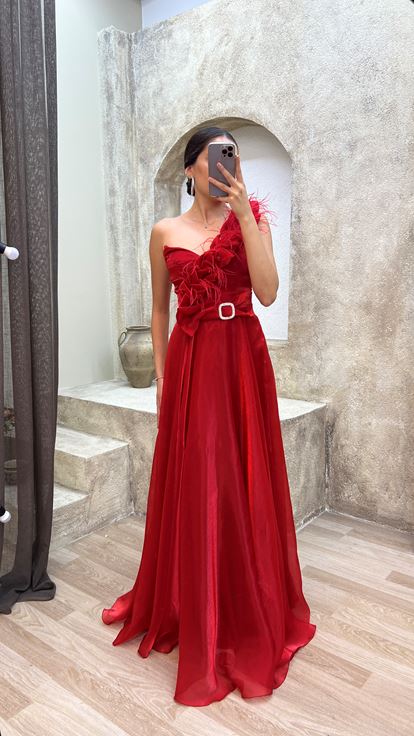 Kırmızı Tek Omuz Tül Detay Kemerli  Abiye Elbise