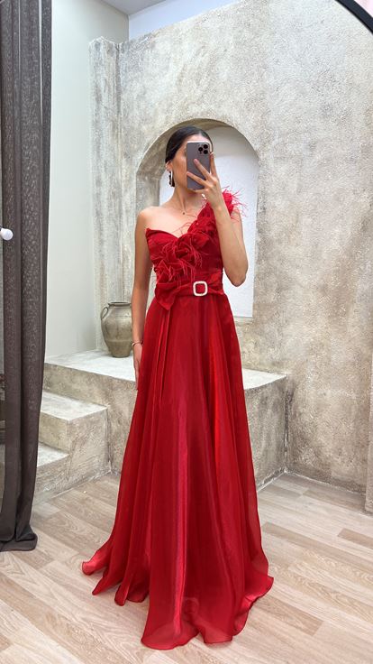 Kırmızı Tek Omuz Tül Detay Kemerli  Abiye Elbise