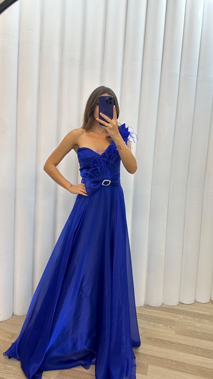 Saks Tek Omuz Tül Kemerli  Abiye Elbise
