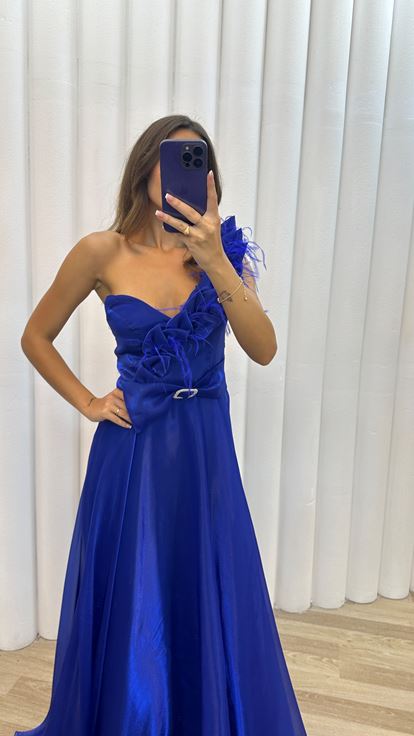 Saks Tek Omuz Tül Kemerli  Abiye Elbise