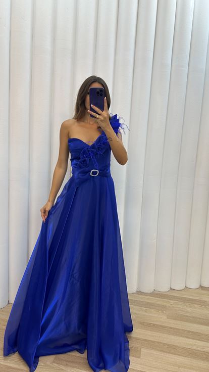 Saks Tek Omuz Tül Kemerli  Abiye Elbise