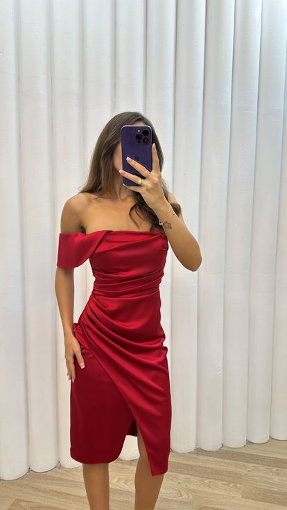 Kırmızı Tek Omuz Drapeli  Elbise