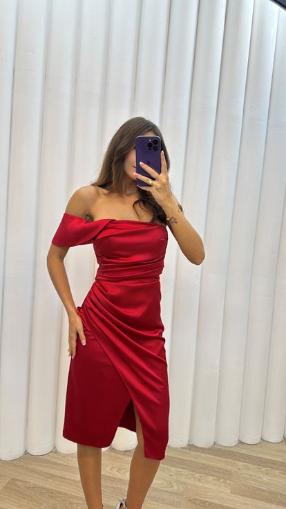 Kırmızı Tek Omuz Drapeli  Elbise