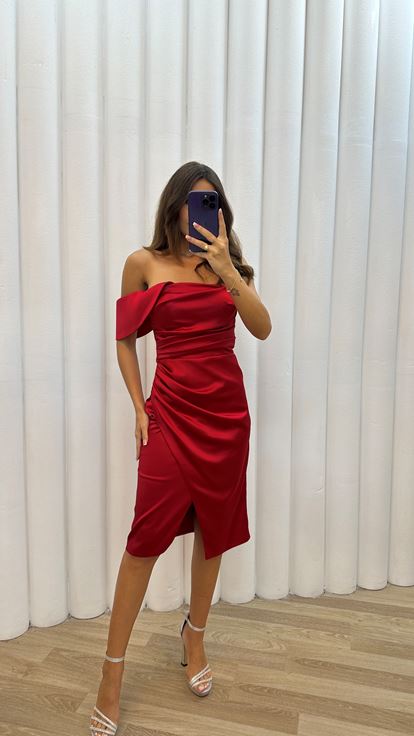 Kırmızı Tek Omuz Drapeli  Elbise