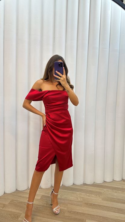 Kırmızı Tek Omuz Drapeli  Elbise