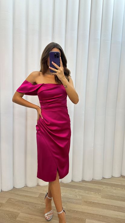 Fuşya Tek Omuz Drapeli  Elbise