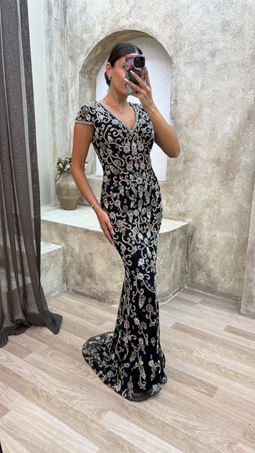 Sıyah Black V -Neck Special Design Embroidered Evening Dress