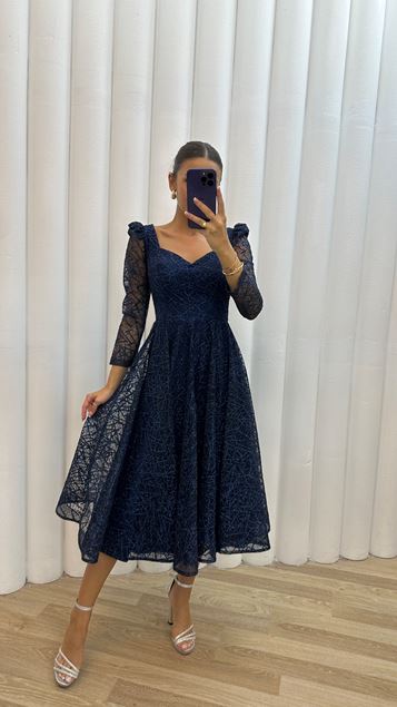 Marineblaues Detalle Del Hombro Bordado Diseño Drapeado Vestido De Noche Vestido