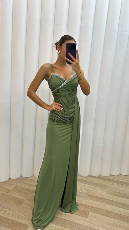 Haki Omuz Detay İşlemeli Drapeli Abiye Elbise