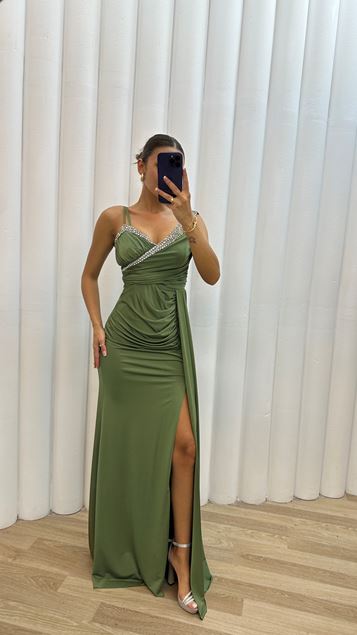 Khaki Détail de l'épaule Brodé Drapé Robe de soirée