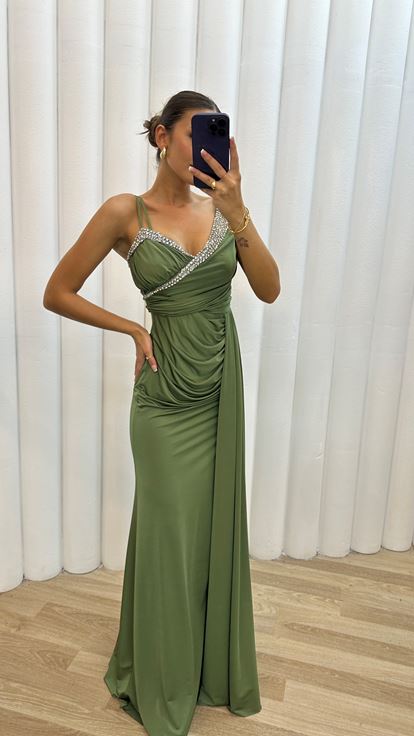 Haki Omuz Detay İşlemeli Drapeli Abiye Elbise