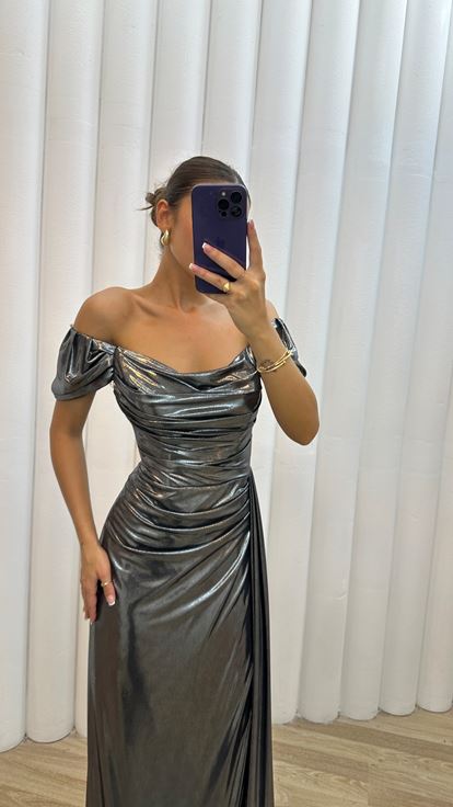 Silver Shoulder Detail Embroidered Drapeli Design Evening Dress