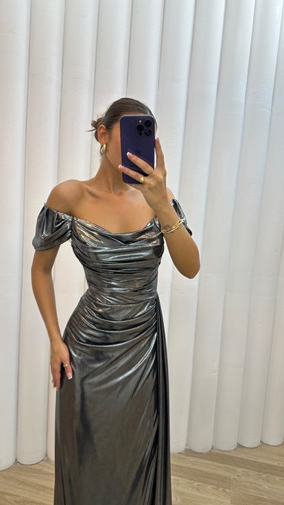 Silver Shoulder Detail Embroidered Drapeli Design Evening Dress