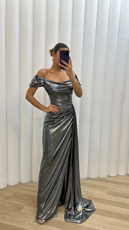 Silver Shoulder Detail Embroidered Drapeli Design Evening Dress