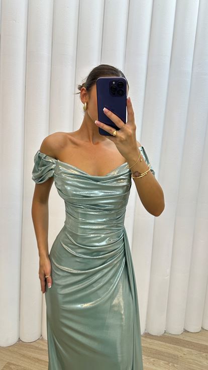 Mint Green Shoulder Detail Embroidered Drapeli Design Evening Dress