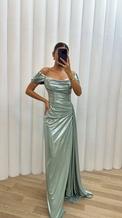 Mint Green Shoulder Detail Embroidered Drapeli Design Evening Dress