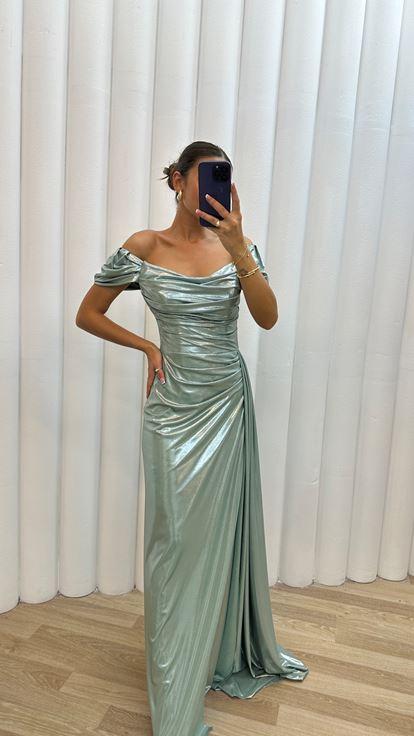 Mint Green Shoulder Detail Embroidered Drapeli Design Evening Dress