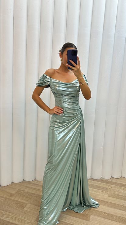 Mint Green Shoulder Detail Embroidered Drapeli Design Evening Dress