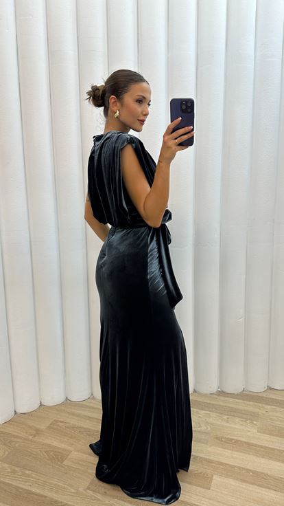 Anthracite Bat Arm Design Velvet Evening Dress Dress