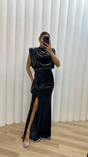 Anthracite Bat Arm Design Velvet Evening Dress Dress