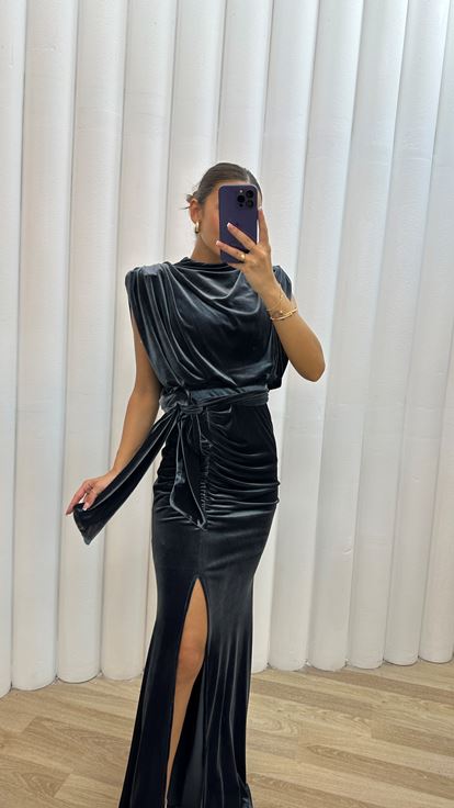 Anthracite Bat Arm Design Velvet Evening Dress Dress