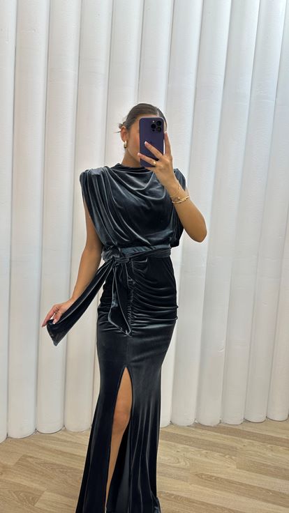 Anthracite Bat Arm Design Velvet Evening Dress Dress