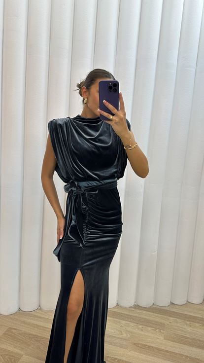 Anthracite Bat Arm Design Velvet Evening Dress Dress