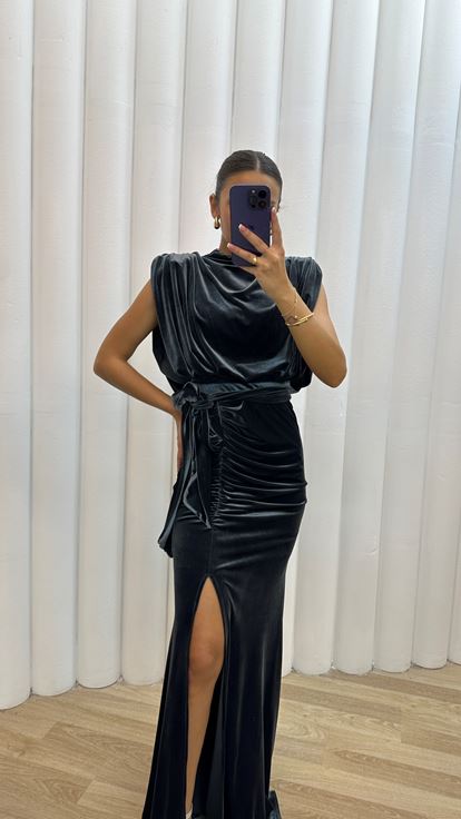 Anthracite Bat Arm Design Velvet Evening Dress Dress
