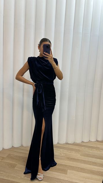 Navy Blue Bat Arm Design Velvet Evening Dress Dress