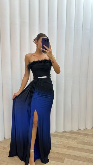 Saks Strapless Evening Dress with Feather Detail on the Bust