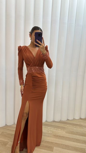 Orange V -Yaka Waist Detail Drapeli Design Evening Dress
