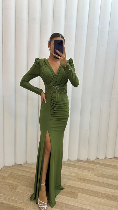 Haki V -Neck Waist Detail Drapeli Design Evening Dress