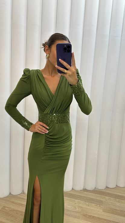 Haki V -Neck Waist Detail Drapeli Design Evening Dress