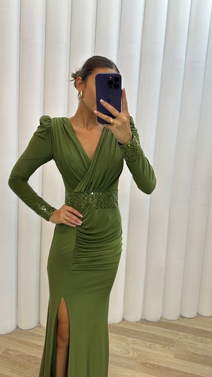 Haki V -Neck Waist Detail Drapeli Design Evening Dress